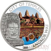 Cook Islands CITY OF TEMPLES ANGKOR WAT series MAGICAL & MYSTICAL Places $5 Silver coin Sandstone Insert Colored Proof  2015